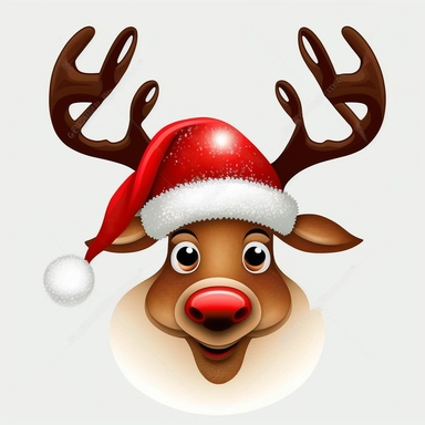 beautiful portrait of Rudolph, Christmas Reindeer, Christmas hat, cartoon style by Disney, clipart, flat design, white background, digital art