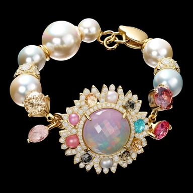 generate a clipart depicting perfect gemstone bracelet with intricate details and a lustrous surface. slender and lightweight small gemstone swarovski charms top view for product sales sophisticated locking ornament S-hook clasp truly timeless elegance premium luxury AAA+ opal adularescence incorporating precious gemstone gold druzy treasure delightful expensive big very clearly baroque pearl luster organic forms gold plated fresh water pearls ornate seamless pattern photo realistic honestly rea