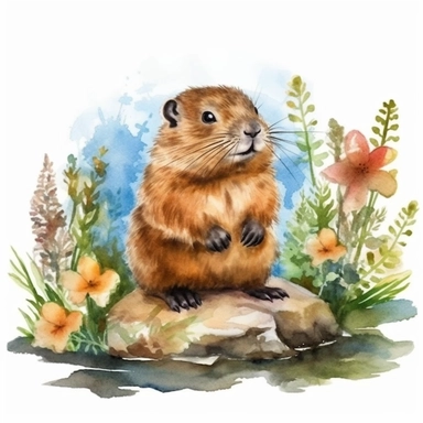 Ultra realistic watercolor clipart of cute beaver in nature, plants and flowers, simple clipart, sublimation clipart isolated on white background, ultra - detailed, high quality, ghibli style, award winning