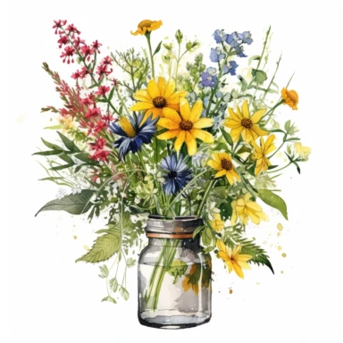 Water colour style, Meadow-Inspired bouquet , large Create a meadow-inspired arrangement by combining native UK and American flowers that bloom in meadows, Mix cowslips, cornflowers, and red campions from the UK with black-eyed Susans, goldenrods, and butterfly weeds from America, watercolour flower arrangement, clipart, vector, intermingled with greenery, white background, no captions, no vase, ar 2:2 repeat 5
