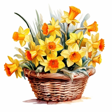 a watercolor basket filled with daffodils with leaves, clipart, white background, high detail, bold color, hd, 32k
