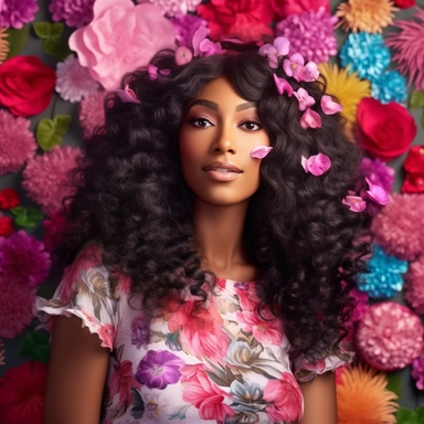 photorealistic editorial photoshoot of beautiful black model clipart posing for a photoshoot , skincare photoshoot, themes of bright summer and a refreshing spa atmosphere , wearing a long lacefront wig