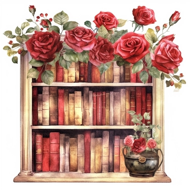 watercolor, white background, clipart, watercolor, white background, ultra-realistic and hyper-detailed clipart beautiful bookshelves with red roses, red and rich gold hues