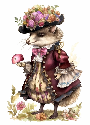 a cute hedgehog in a field wearing edwardian floral vibrant embroidered outfit , in the style of jody bergsma, 32k uhd, hand-painted details, charming character illustrations, dark brown and light beige, fuchsia/pink,aquarellist, hd , white background clipart