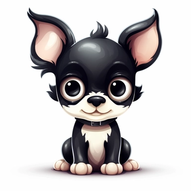 clipart, cute black and white Chihuahua puppy character, Cartoon style, adorable, ultra-high details, white background, chibi, kawaii, big bright eyes