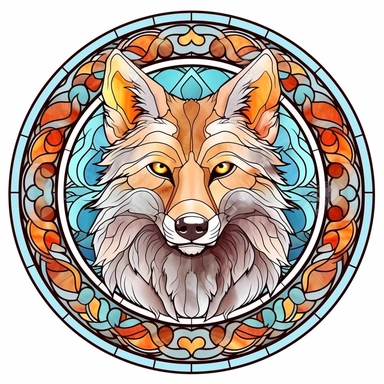 Vintage Colorful Beautiful Round Stained Glass Wolf Sublimation Clipart,Cartoon,hyper realistic, intricate detail, illustration style,high solution,on the white background