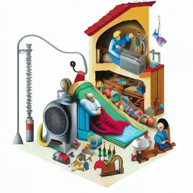 diagrammatic of a christmas crib including a vacuum cleaner and a big baby jesus, clipart