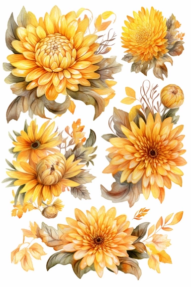 Halloween clipart, yellow chrysanthemum flower Delicate watercolor illustration, White background, Cozy, clear picture, 8k, hd, isolatee on a white background, Wreath, Frame Clip Art