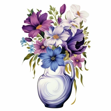watercolor a blue vase features multiple flowers of all color, in the style of james bullough, white and purple Clipart desert cartoon t-shirt graphic, vector, contour, isolated on a white background
