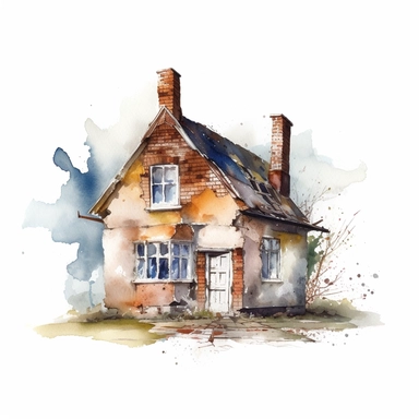 watercolour small broken and abandoned house, clipart on white background, no watermark, highly detailed, professional color gradation, clean sharpness