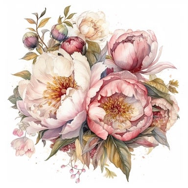 a bouquet with a few peonies clipart with white background, unimaginable beauty,white with little pink details in the centre of the bloom,An illustration clipart painted by ann buccarelli, watercolour, combo pale colours, insanely detailed, on white background, amazing colour combo, with detailed watercolor bloom, white/ pink/ green, bec winnel, intricately textured, close up, walter Langley, lucy grossmith, heavy impasto technique, detailed shading, atmospheric watercolours, on white background