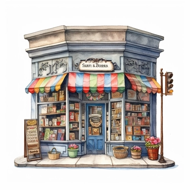 watercolor, hyper realistic, white background, white margins, 16k, ultra detailed clipart, cut out image, hand-drawn vintage bookstore with a colorful storefront featuring a hand-painted sign and window display of antique books and collectibles