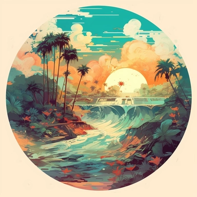 Jeremy Mann, Yoji Shinkawa style of a sticker, artwork of t shirt graphic of majestic palm tree in digital painting style , beautiful flowers, sunset mountains and clouds , big sea waves, water splashes, white background, colorful fantasy flower sorround, highly detailed clean, vector image, photorealistic masterpiece, professional photography, realistic, flat white background, isometric, vibrant vector, clipart, illustration, realism, 4k, cinematic, front view, white background