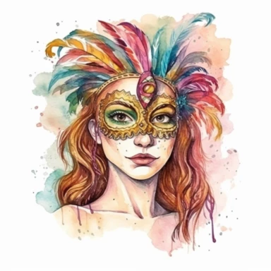 mardi gras, cute girl wearring carnival mask, kaluta art style, pen and ink watercolor clipart,isolated on white background