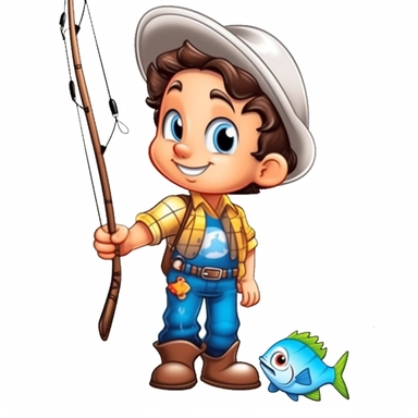 Cute little boy dressed for a Brazilian June party and fishing, with jeans, cowboy boots, plaid long-sleeved shirt, happy, various poses and expressions, Monica's Gang style, Maurício de Sousa Graphics, white background, big eyes, clipart, cartoon inkley studio smiling