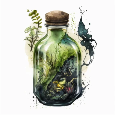 a vial of potion with a swamp inside, green and black vibes, watercolor clipart, realist