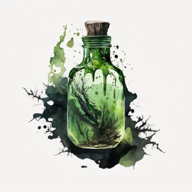 a vial of potion with a swamp inside, green and black vibes, watercolor clipart, realist