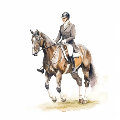 close up view of realistic watercolor drawing of an equestrian dressage a horse, on a white background where the background will be removed to repurpose as a clipart.