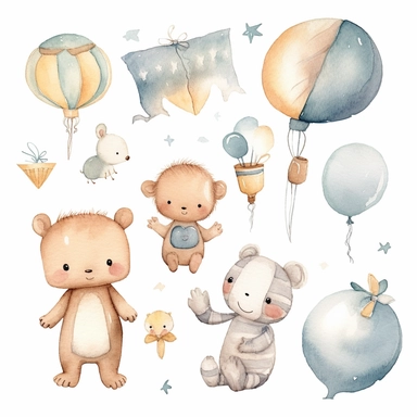 baby clipart aquarelle, thing related to newborn, neutral colors, minimalistic, adorable, shabby chic