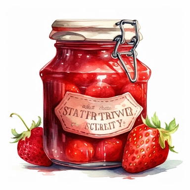 This highly detailed watercolor clipart showcases a charming jar filled with delicious strawberry preserves on a pristine white background. The artwork captures the essence of these sweet and tangy preserves with remarkable precision. The jar is meticulously rendered, highlighting its glass texture, lid, and label. The vibrant red color of the preserves is depicted with depth and richness, enticing viewers with its mouthwatering appeal. Against the clean white backdrop, this clipart exudes a sen