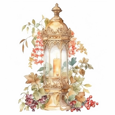 water color, one, 1, old Victorian candle holder covered in vines and flowers, late night, in a cottagecore style, white background, clipart style