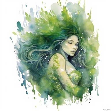 Detailed Watercolor dreamy mermaid swimming through algae clipart