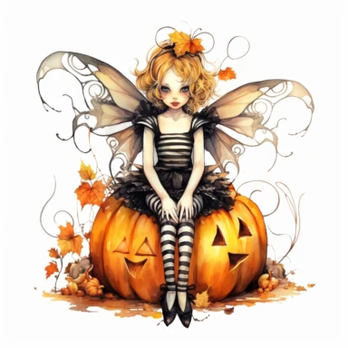 watercolor style Halloween fairy, clipart, large orange,wings, black white stripes, pumpkin, isolated on white background, in the style of Amy Brown, beautiful fall floral, bright color, crisp lines, chaos 8