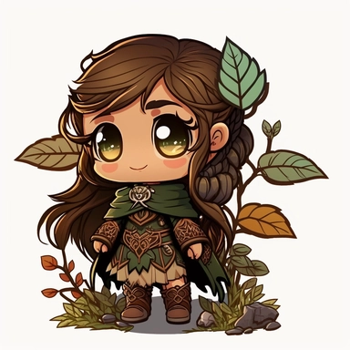 chibi female druid with brown hair, dungeons and dragons, clipart