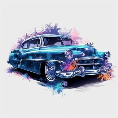 A stunning old retro car takes center stage in a Tron-inspired landscape, Limousine retro car, clipart, floral, watercolor splash, lavender. The classic car boasts futuristic modifications, including neon accents and sleek digital paneling, merging the elegant lines of the vintage vehicle with the high-tech aesthetics of the Tron universe, white background, splash