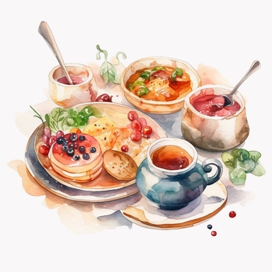 Design a watercolor clipart of a delicious meal, complete with plates, cutlery, and steam rising from the food, white background