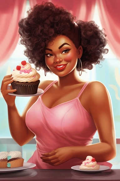 gorgeous joyful black woman, clipart, cartoon illustration, christa mckenzie pose and head pose photos a new cupcake business website, in the style of vibrant bakery backdrops, synthetism-inspired, pop cultural, 32k uhd, smilecore, embroidery art, bold curves