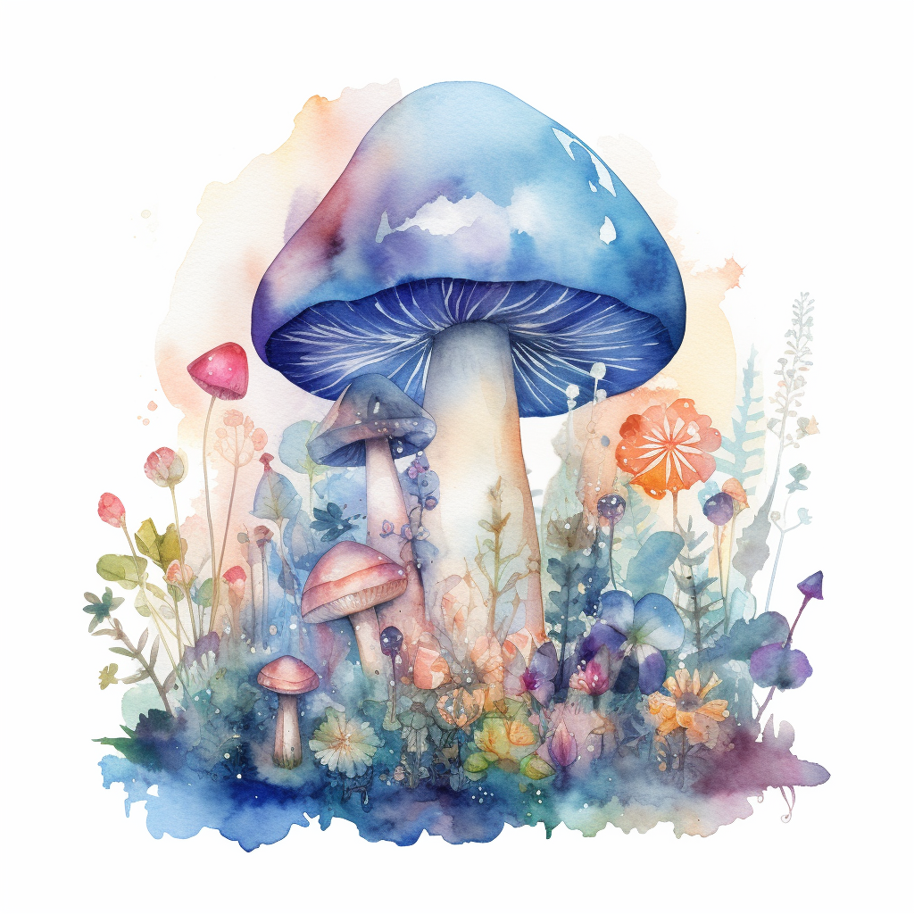 In this watercolor illustration, a mystical mushroom takes center stage ...