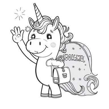 cute clipart cartoon of an happy unicorn waving goodbye to his homebefore going to school coloring book cartoon style vector lines black and white with no background--v4