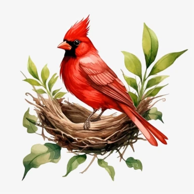 red cardinal bird with nest, clipart, minimalism, watercolor, green leaves