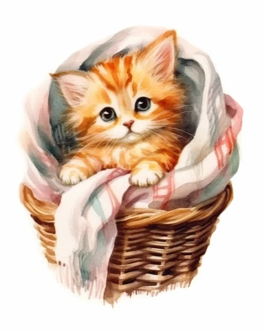detailed watercolor Kitten in basket with scarf , realistic, isolated on a white background, clipart