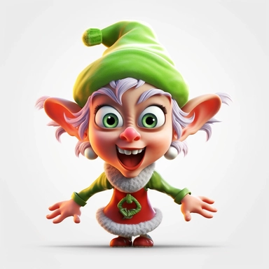 clipart of a crazy female christmas elf, there is a funny face on it, cartoon, for kids, funny, pixar, 8k, white background, sharp focus, detailed,