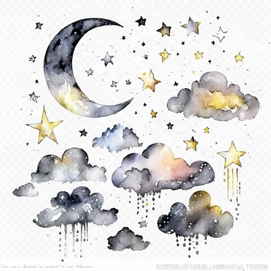clouds, moon,stars, watercolor,all white background, clipart
