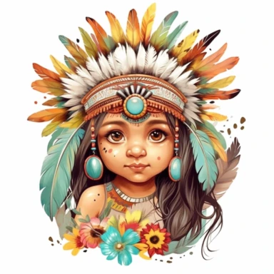 Cute Beautiful Native American Baby Girl Sublimation Clipart, Cartoon, hyper realistic, intricate detail, illustration style, high solution, on the white background