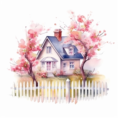 clipart, isolated on white background, beautiful cute Watercolor Spring Cottage - cute little house with fence and chimney, tree and flowers, ornated, pastel colors