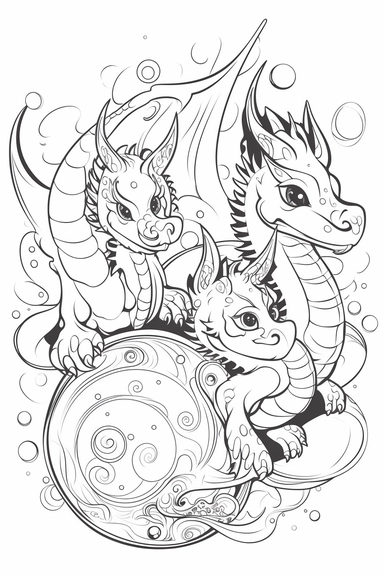 cute dragons playing depicted in the style of clipart, white background, vector lines, in the style of a coloring book, thick, clear,lines, black and white,