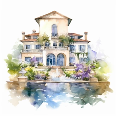 Watercolor drawing beautiful rich italian venue, wedding venue in flowers, piscina e scalinate,watercolor clipart, white background, isolated on white, 8k, watercolor style