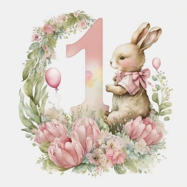 a beautiful watercolour 3d pink number 1 draped in beautiful flowers, a classic cute Beatrix potter pink rabbit, birthday party, holding pretty pink balloons, birthday cake, birthday themed, transparent background, Clipart style, solid white background, png style