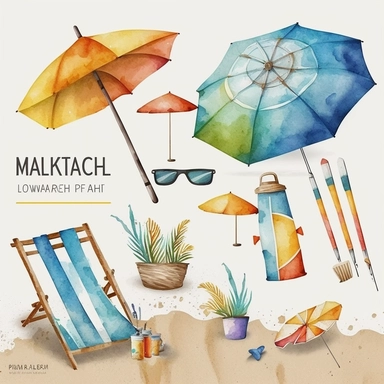 watercolor beach items clipart, white background,