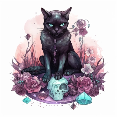 hand drawn black cat, sitting with front paw resting on a skull, flowers and crystals, shades of burgundy purple and teal, romantic and edgy, very detailed and realistic, watercolor, clipart style