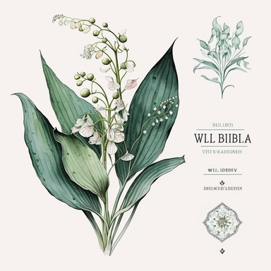 A watercolor clipart featuring a single delicate muguet (lily of the valley) flower. The flower is depicted with intricate details, capturing the texture and delicacy of each petal and leaf. The watercolor technique used in the painting gives the image a soft, dreamy quality, with the colors blending together in a way that suggests movement and life. The single flower design adds a simple and elegant touch to the image, making it suitable for a variety of occasions such as weddings, bridal showe