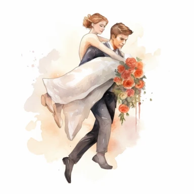 handsome GROOM, carrying his bride over a threshold adorned with flowers, a symbol of their new beginning, watercolor, Pixar style, Clipart on a white background