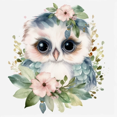 super cute newborn baby owl clipart with huge cute blue eyes long fur smiling painted in watercolour style, splashes, pastel pink and sage green floral elements, white background 8k hd