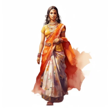 watercolor style, full body view, beautiful woman from India wearing traditional clothes, very detailed, realistic, clipart, isolated on white background, 4K