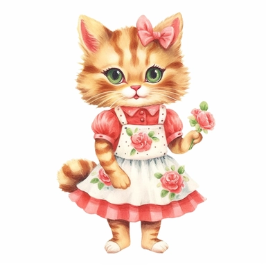 50s vintage kitsch cat illustration clipart, watercolor, Hand drawn painting, isolated on white background, watercolor illustration by katie daisy, highly detailed, white background for removing background - - no text shadow font watermark