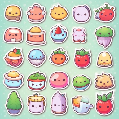 clipart elements, series of stickers, super cute sweets , kawaii style, each sticker with a white outline, light grey background